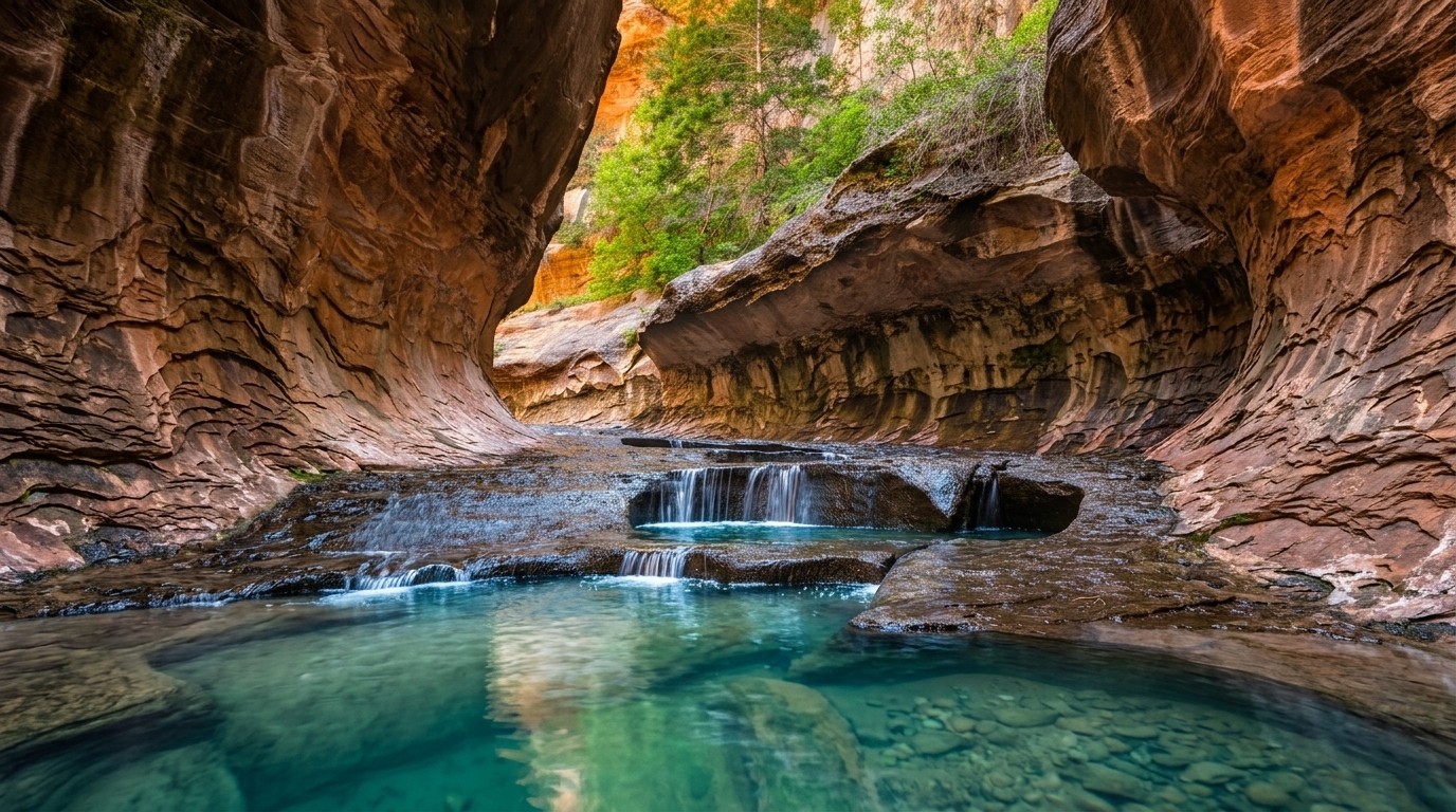 A slot canyon with turquoise water in Zion National Park